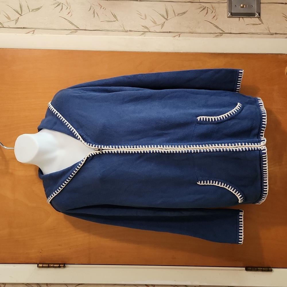CJ Banks Women Plus 1X Zip Hoodie Cardigan Sweater Blue Knit Whipstitch Trim